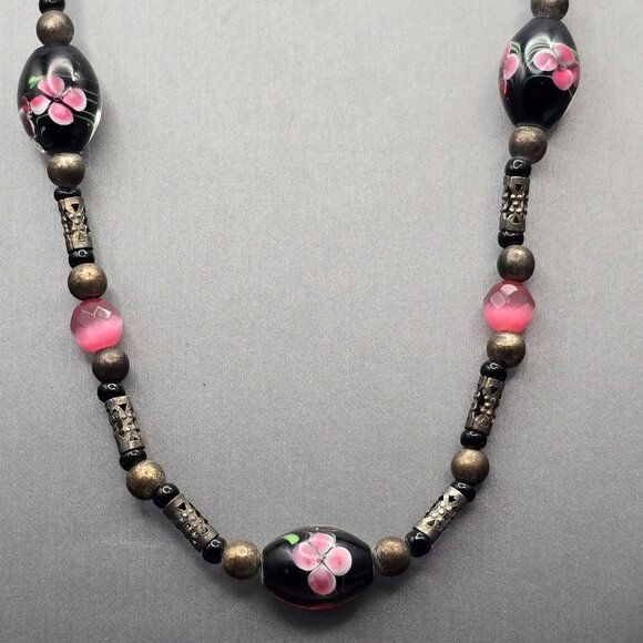 Estate Jewelry - VTG Hand-Blown Lampwork Glass Bead Necklace 16" Floral Motifs Mixed Media